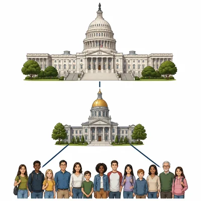 Citizens connected to national and state government buildings in a simple powers diagram.