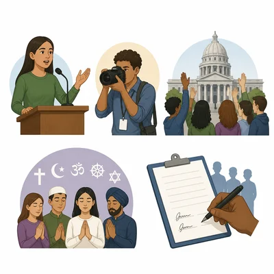 Icons representing speech, press, assembly, religion, and petition.