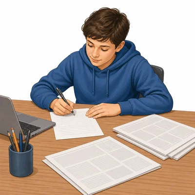 A student writes an article at a desk with blank newspaper pages nearby.
