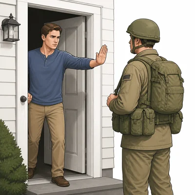 A homeowner prevents a soldier from entering a private home.