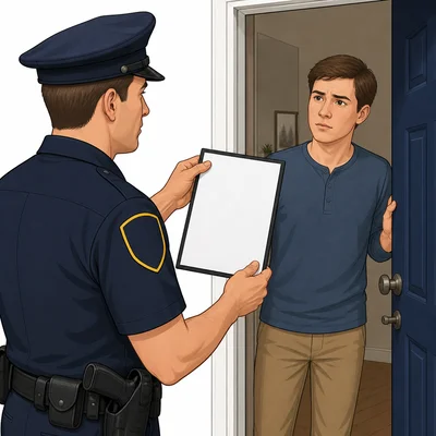 A police officer shows a blank warrant at a homeowner's doorway.