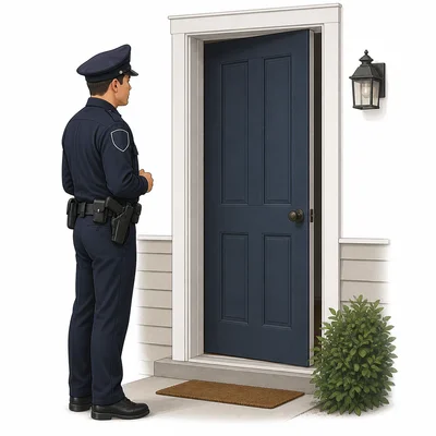 A police officer without a warrant stands outside a mostly closed home door.