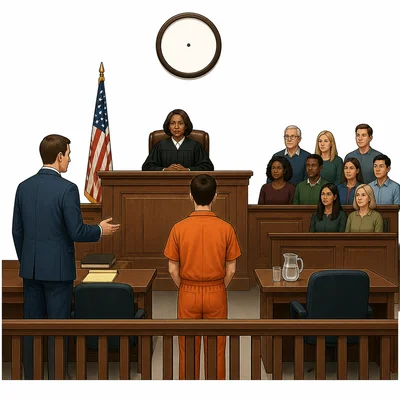 A courtroom with a judge, defendant, defense lawyer, jury, and blank clock.