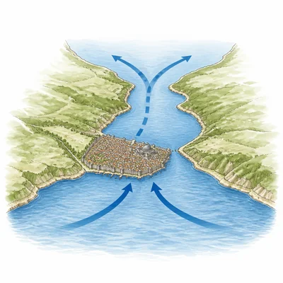 Unlabeled map highlighting Constantinople’s strategic position on a strait between seas.