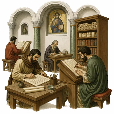 Scholars copying ancient manuscripts in a Byzantine library.
