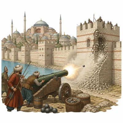 Siege scene with Constantinople’s walls, a cannon, and a domed skyline.