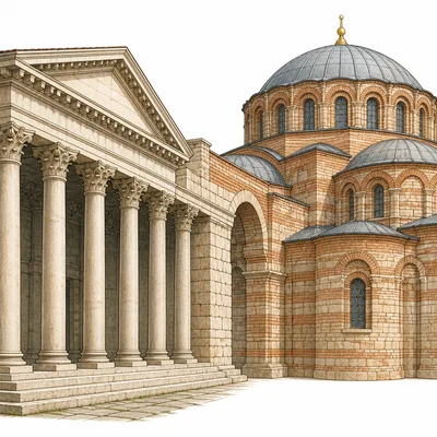 Roman columns connected to a Byzantine domed building, showing historical continuity.