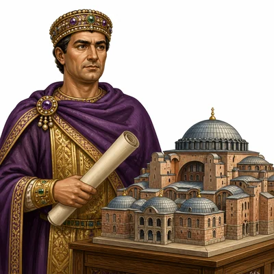 Emperor Justinian holding a scroll beside a model of a domed church.