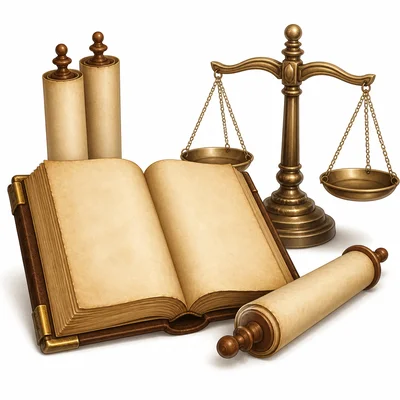 A blank ancient law book, scrolls, and scales symbolizing Justinian’s Code.