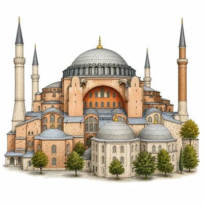 Illustration of the Hagia Sophia with its large central dome and arches.