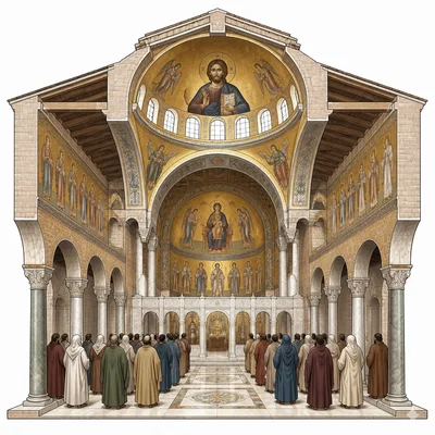 Byzantine church interior with worshippers under a domed ceiling.