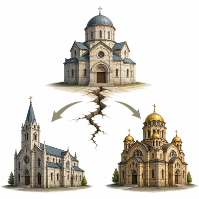 A single church splitting into two buildings, symbolizing the Great Schism.
