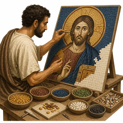 Artist creating a Byzantine mosaic from small colored tiles.