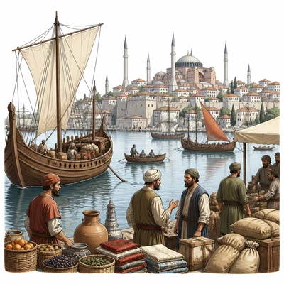 Merchant ships and traders at Constantinople’s harbor on a strategic waterway.