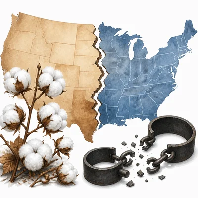 A divided map-like scene with cotton plants and broken shackles symbolizing slavery and national division.