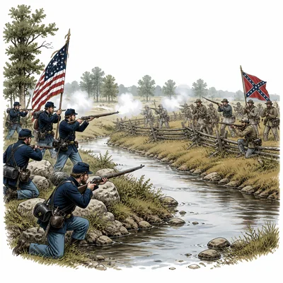 Early Civil War battle scene with Union and Confederate soldiers near a creek and open fields.