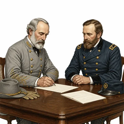 Two Civil War generals sit at a table with papers, representing the surrender at Appomattox.