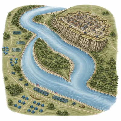 Map-style diagram of a major winding river controlled by Union forces near a fortified bluff town.