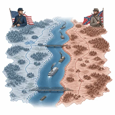 Strategic map showing a major river used for transport and dividing territory during the Civil War.