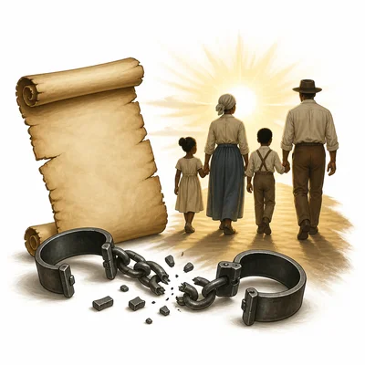 A parchment, broken shackles, and a family walking into sunlight symbolize emancipation.