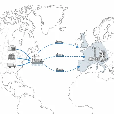 Unlabeled map showing aid and supplies moving from North America to rebuilding Western Europe.
