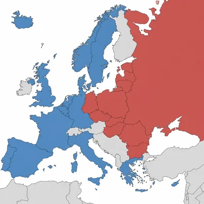 Unlabeled Europe map showing western and eastern Cold War alliance blocs in different colors.