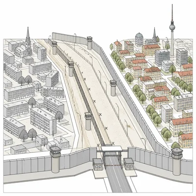 Diagram of a divided city with a wall, guard towers, and checkpoint symbolizing Berlin.