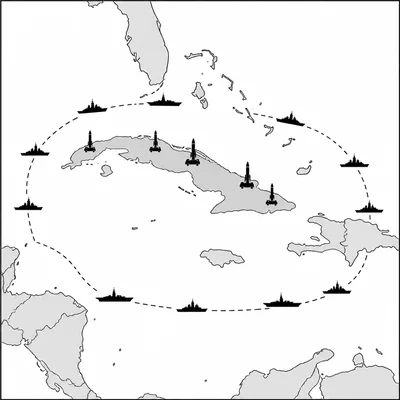 Unlabeled Caribbean map showing Cuba, missile sites, and a naval blockade.