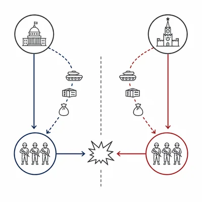 Diagram showing two major powers supporting opposing smaller groups in a proxy conflict.