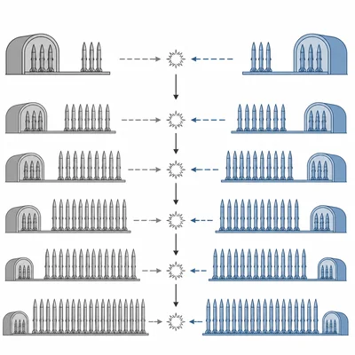 Diagram of two opposing missile stockpiles escalating during an arms race.
