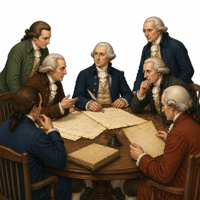 Delegates meet around a table with cracked parchment papers, representing the Constitutional Convention.