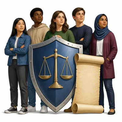 Citizens stand beside a shield and parchment, symbolizing protection of rights in the Bill of Rights.