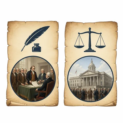 Two parchments with symbols show the Declaration of Independence and the Constitution as different documents.