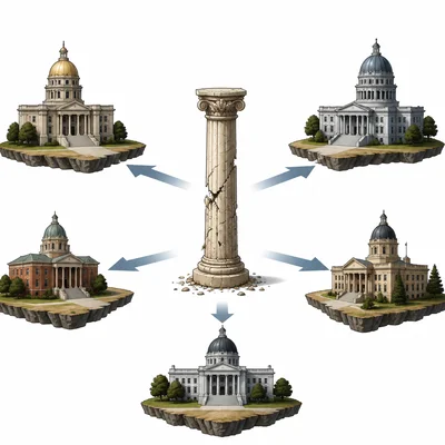 State buildings pull away from a fragile central column, showing a weak national government.