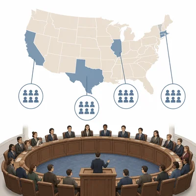 States of different sizes have equal seats, representing the New Jersey Plan.