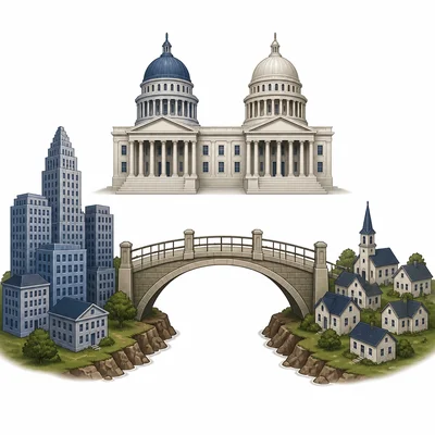 A bridge connects large and small states to a two-chamber government building, symbolizing the Great Compromise.