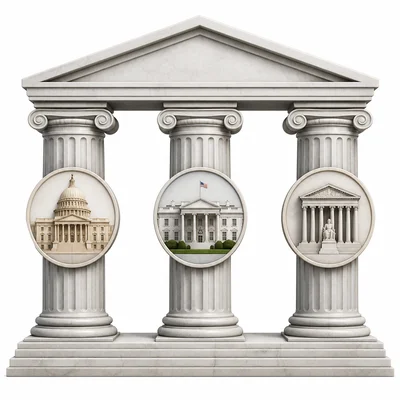 Three connected government pillars represent separation of powers among branches.