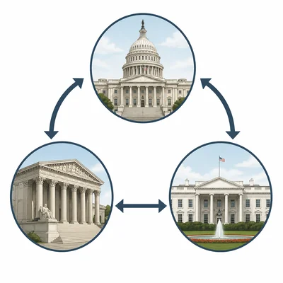 Three branch symbols with arrows between them represent checks and balances.