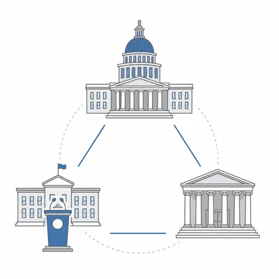 Three separate government branch icons arranged in a triangle to show separation of powers.