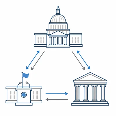 Three government branch icons connected by two-way arrows showing checks and balances.