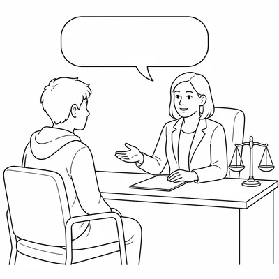 A student meeting with a school administrator with a blank speech bubble and justice scale.