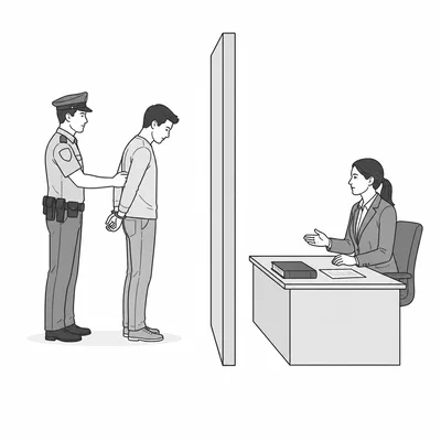 An arrested person separated from a lawyer and legal document.