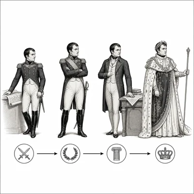 A sequence shows Napoleon progressing from military officer to commander, statesman, and emperor.