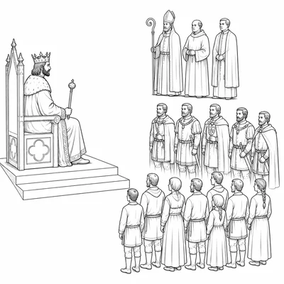 A king faces three separate groups representing clergy, nobles, and common citizens in an assembly.
