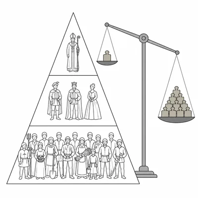 A social pyramid shows clergy and nobles above a much larger group of common people, with a scale showing unequal burden.