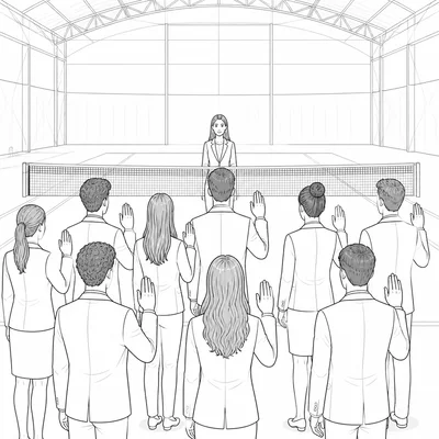 Delegates in an indoor tennis court raise their hands during an oath ceremony.
