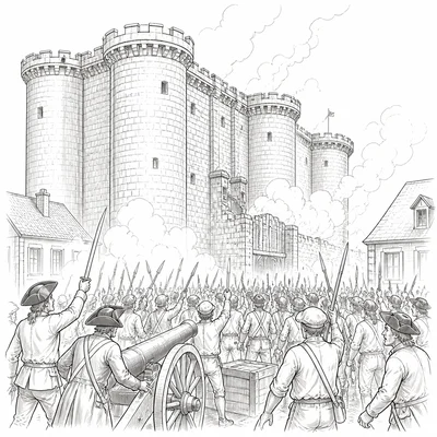 A crowd gathers outside a stone fortress with towers during the storming of the Bastille.