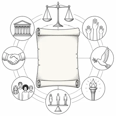 A blank parchment is surrounded by symbols of rights, equality, freedom, and justice.