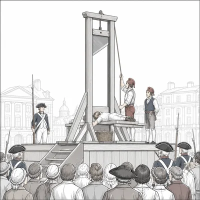 A non-graphic guillotine scene in a public square represents the Reign of Terror.