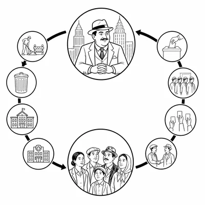 Diagram showing a city political boss exchanging services for immigrant voter support.